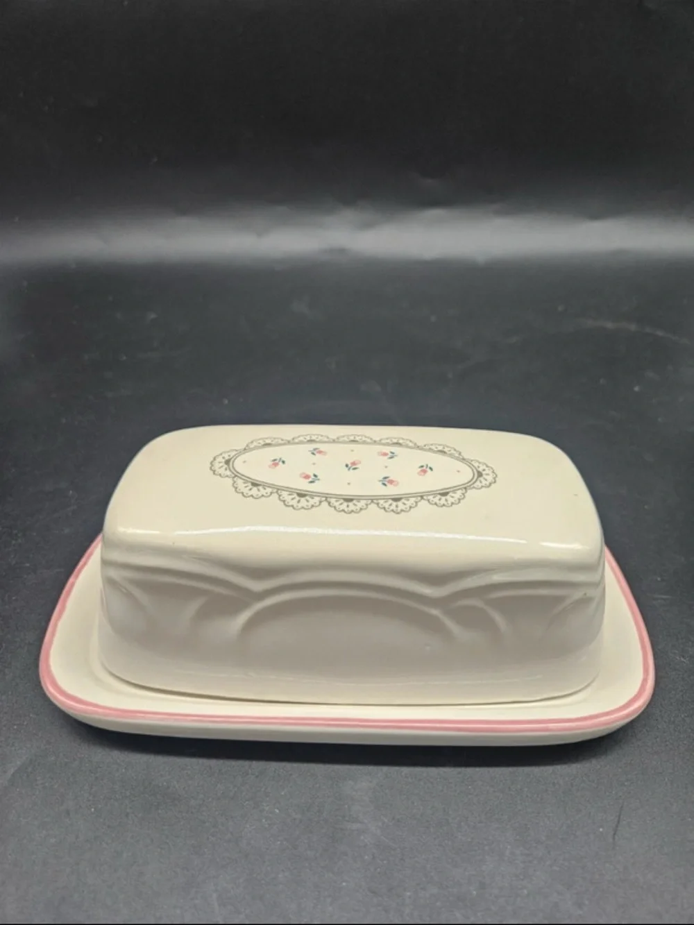 VTG Cream Ceramic Butter Dish with Pink Trim lace